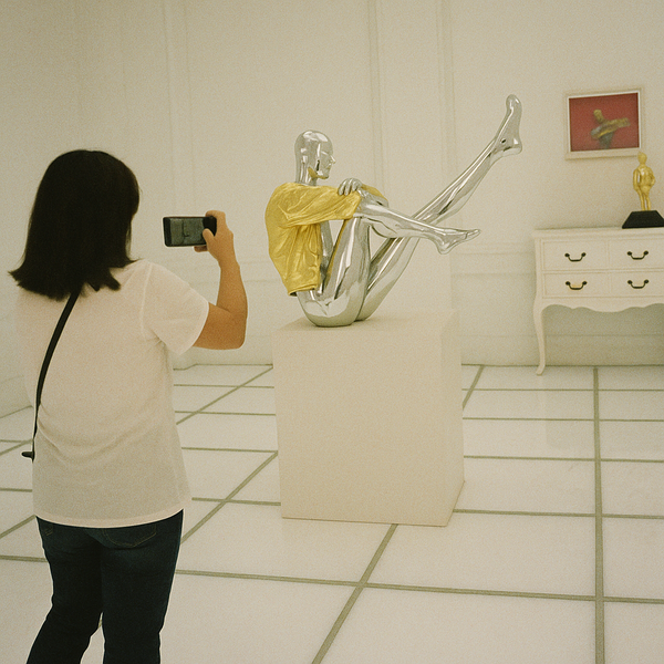 a person taking a picture of a chromed figure