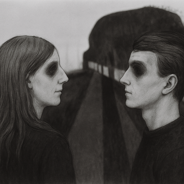 a drawing of a man and a woman facing each other