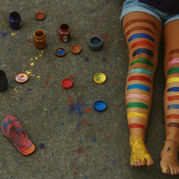 a person with colorful paint on their legs