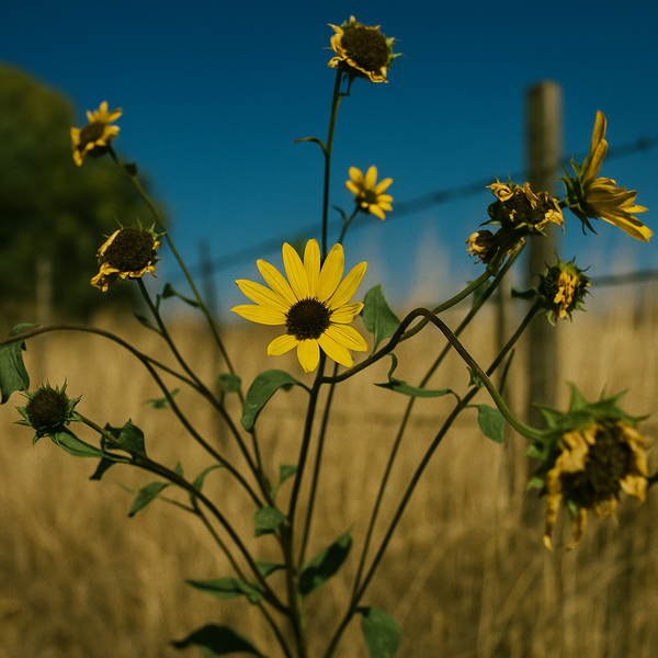 sunflowers with a barbed wire fence in the background