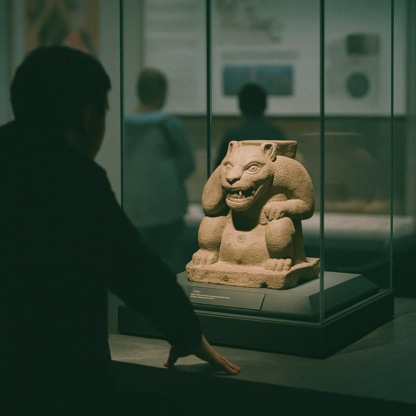Stone gargoyle sculpture displayed in museum glass case.