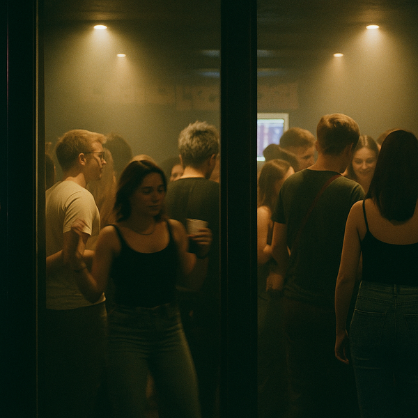 People dancing in a dark, smoky club