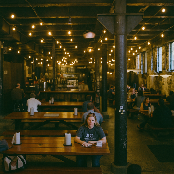 Restaurant interior with people dining under string lights