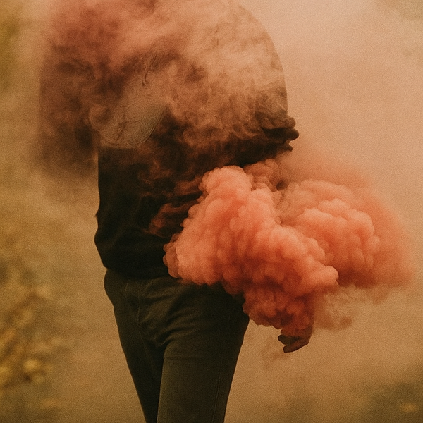 person surrounded by pink smoke
