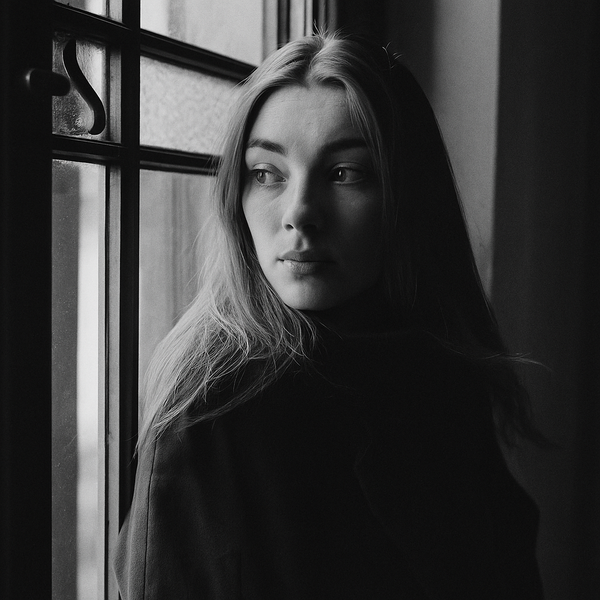 Young woman looking out a glass window