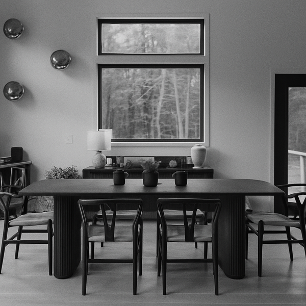 A dining room with a table and chairs