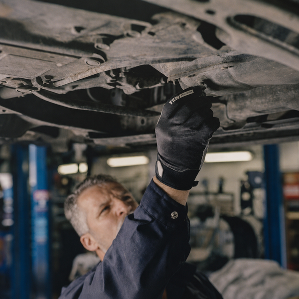 a black and white photo of a man working on a vehicle