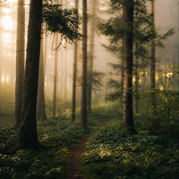 Sunlight through a stand of conifers, a narrow footpath running between them into morning haze.