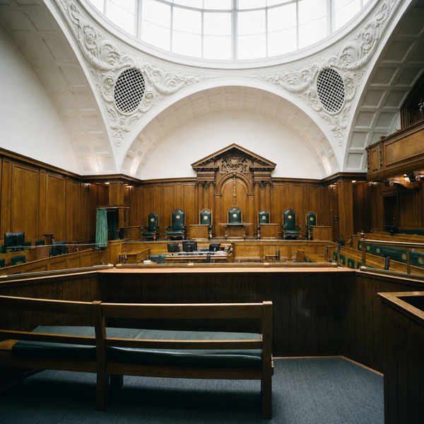 Empty courtroom featuring rich wooden paneling and a decorative ceiling.
