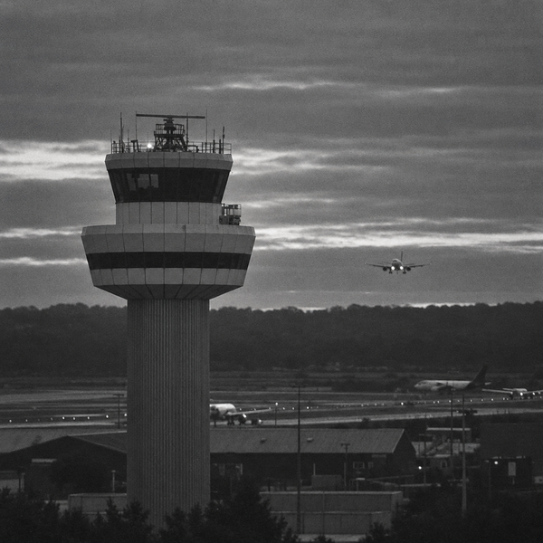 Black and white image of an air traffic control tower at dusk, with an airliner on final approach in the distance and parked aircraft on the taxiways below.