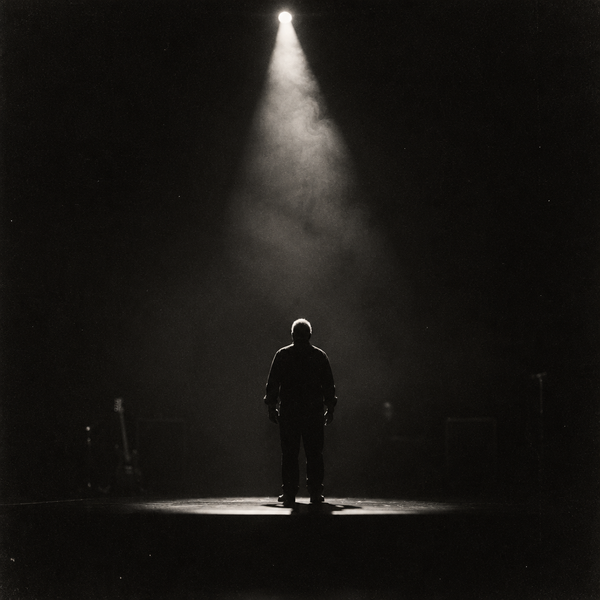 Black-and-white photo of an older man in silhouette, alone on a dark stage under a single hazy spotlight, a guitar and a microphone stand in the shadows behind him.