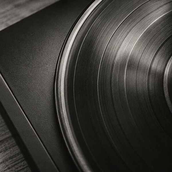 Black-and-white close-up of a vinyl record, light catching the grooves near its edge, resting on a dark textured surface over a wooden table.