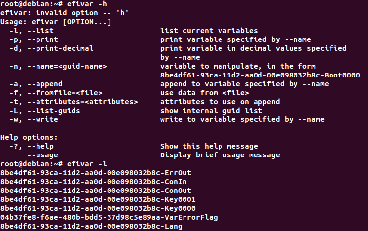 efivar usage text and some example variables