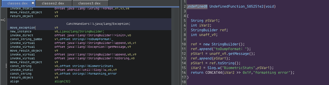 Ghidra listing view of a catch handler in the same method, with an UndefinedFunction in the decompiler view.