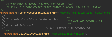 Error messages from every decompiler available in Bytecode Viewer