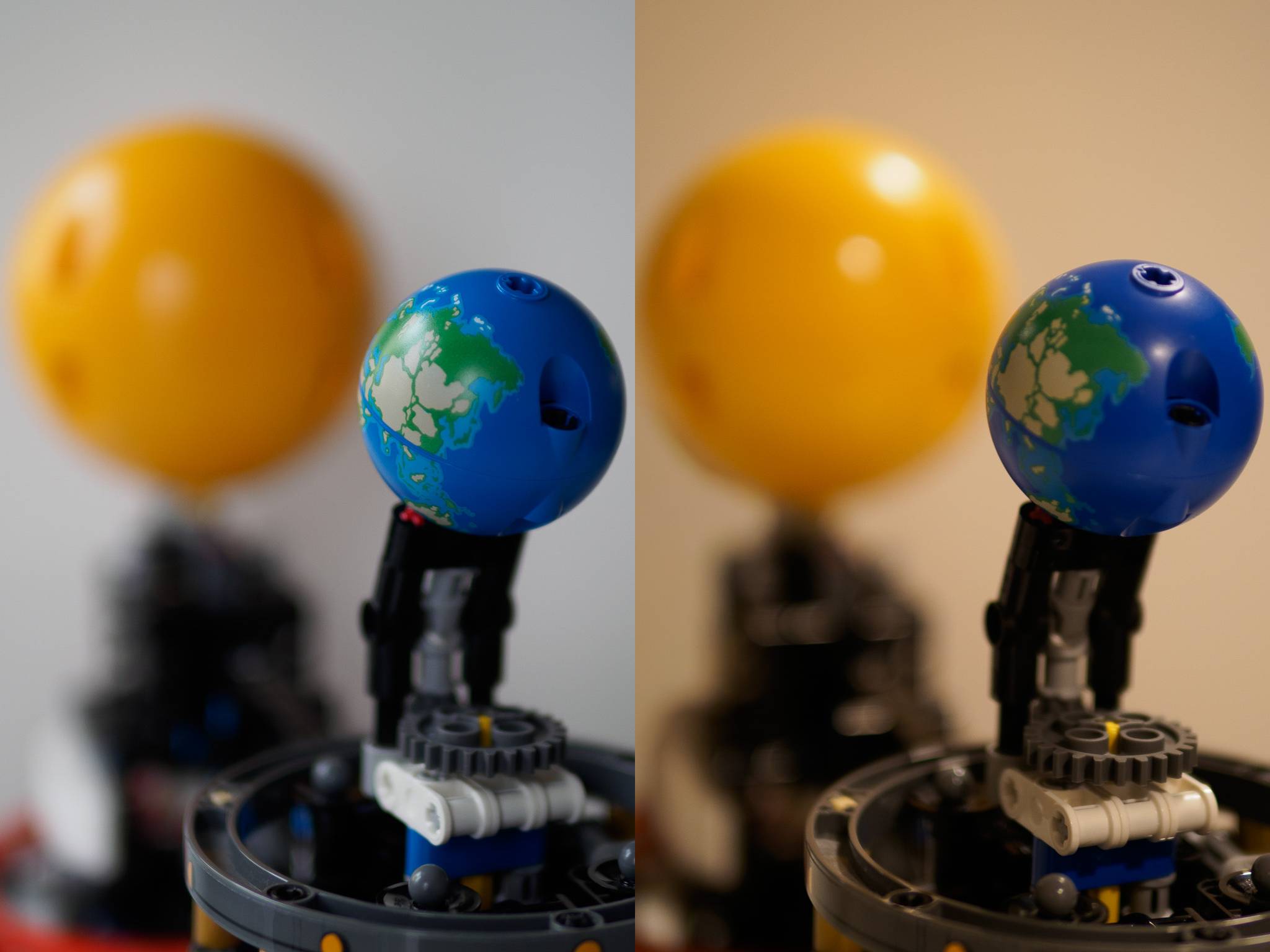 Side by side comparison of the same scene photographed in overcast daylight on the left and indoor LED lighting on the right, showing the effect of automatic white balance.