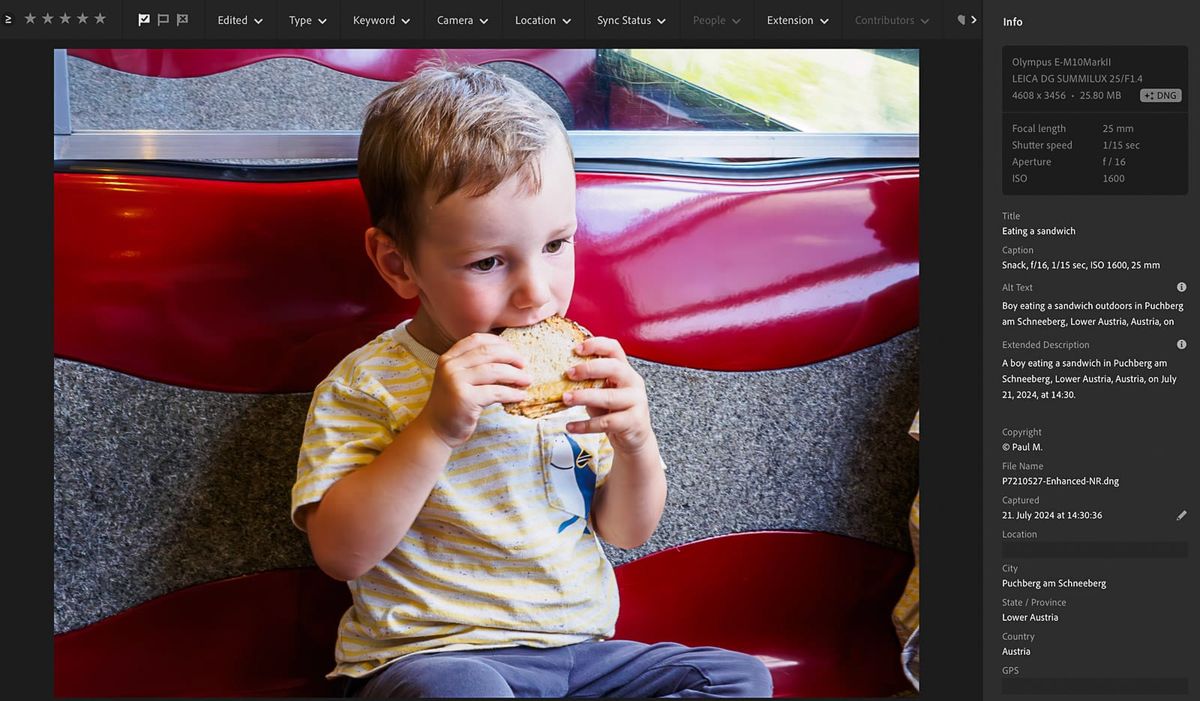 Lightroom screenshot with metadata of a boy eating a sandwich on a train in Puchberg am Schneeberg, Lower Austria, Austria.