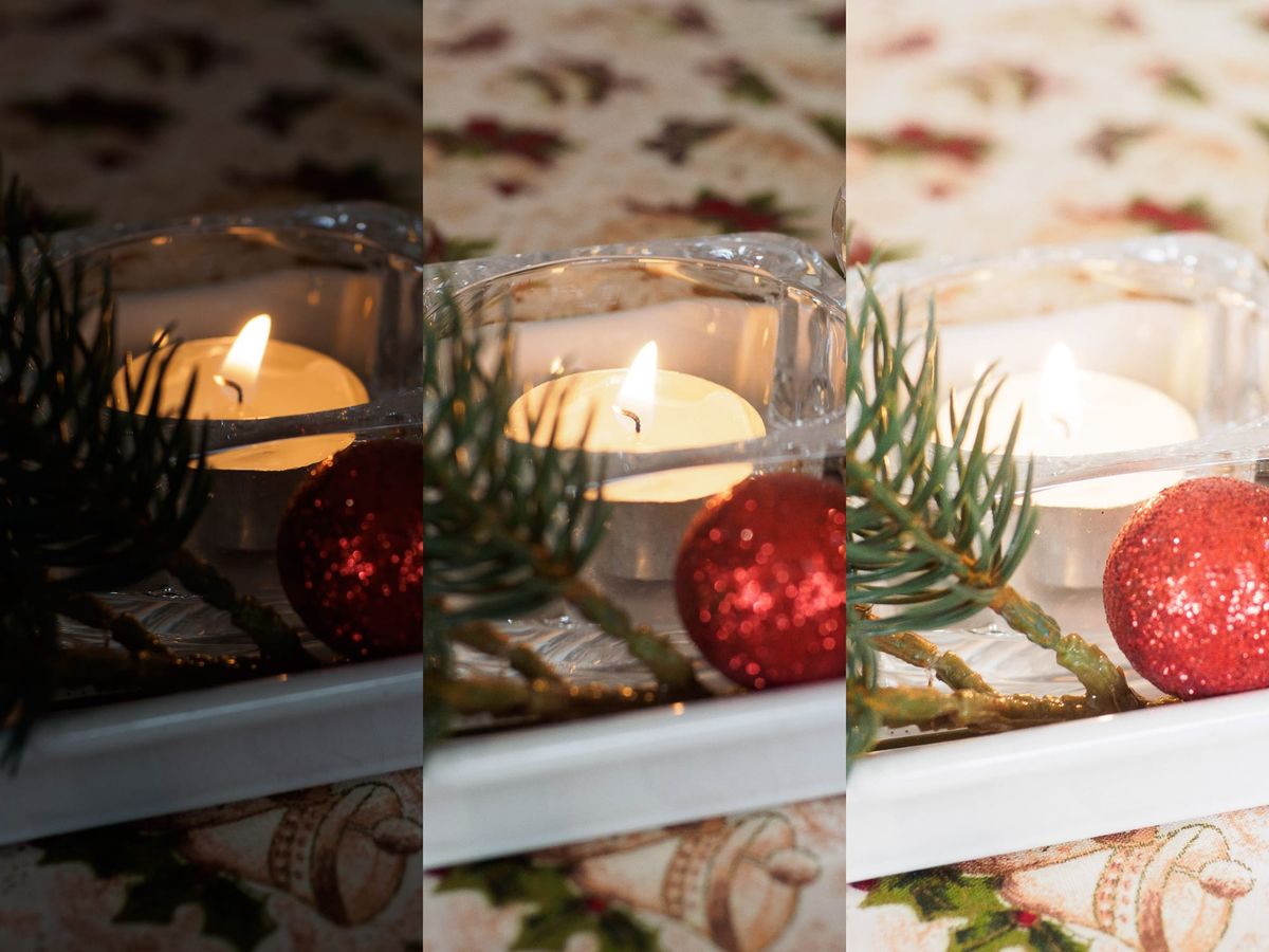 Three versions of the same candle scene placed side by side, demonstrating underexposed, correctly exposed, and overexposed results using exposure compensation.