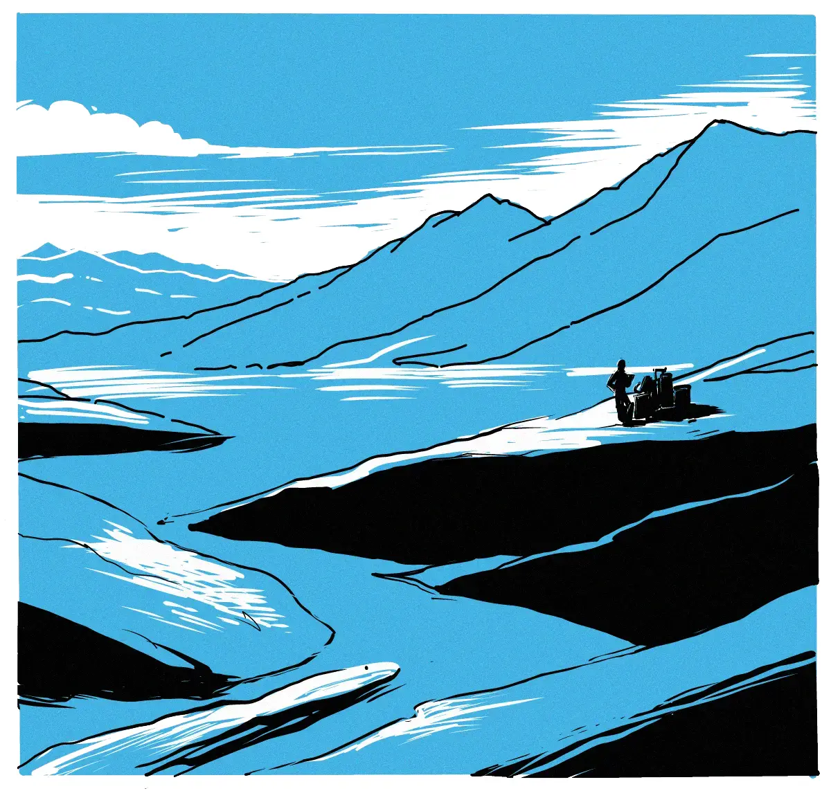 **PANEL 1:** A desert plain with mountains in the middle and far backgrounds. On a near hill, a man stands next to a small stack of shipping crates.