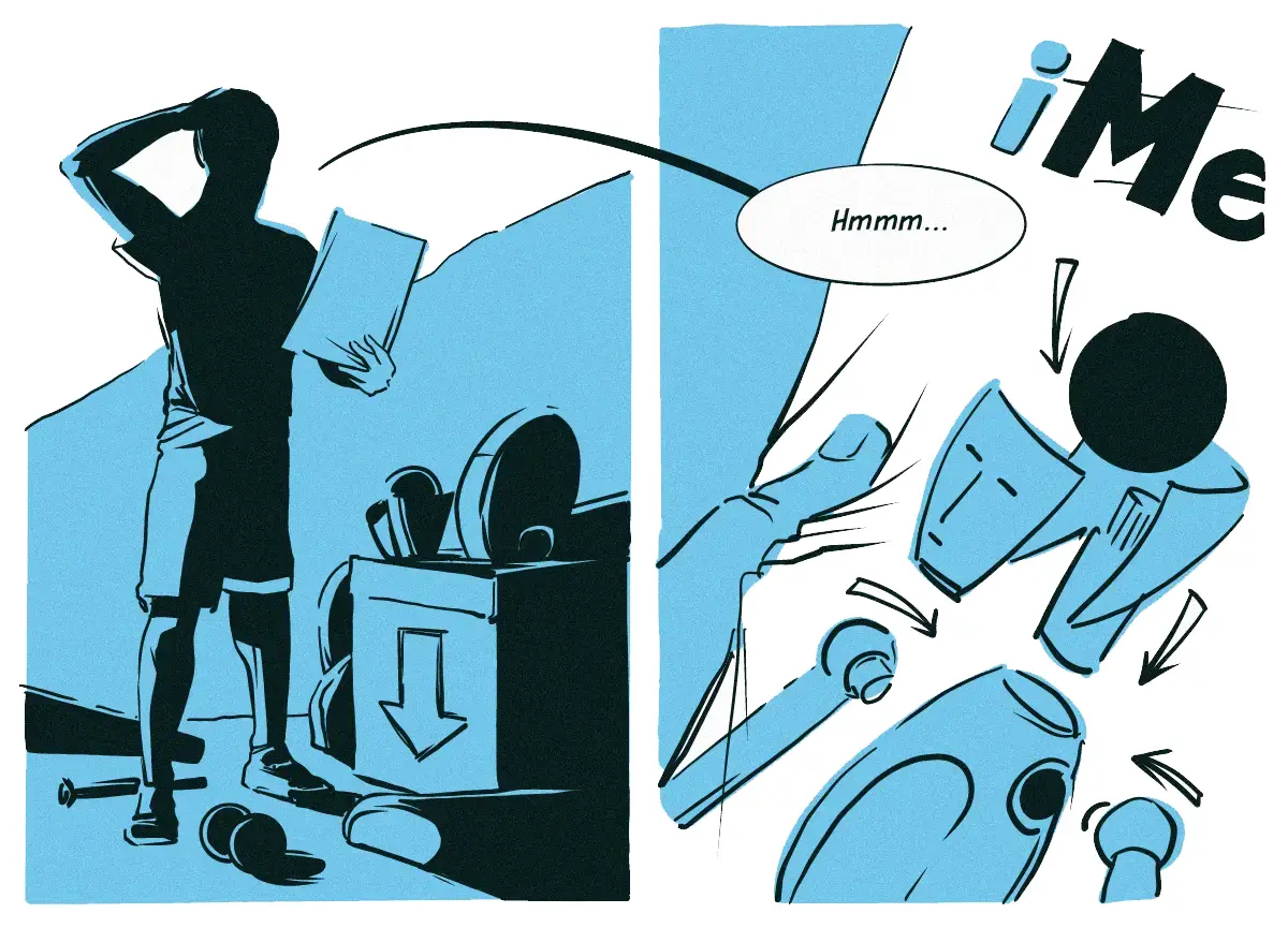 **PANEL 2:** The man looks over the crates, some parts, and… / **PANEL 3:** …a sheet of assembly instructions for an “iMe” robot. / MAN: Hmmm…