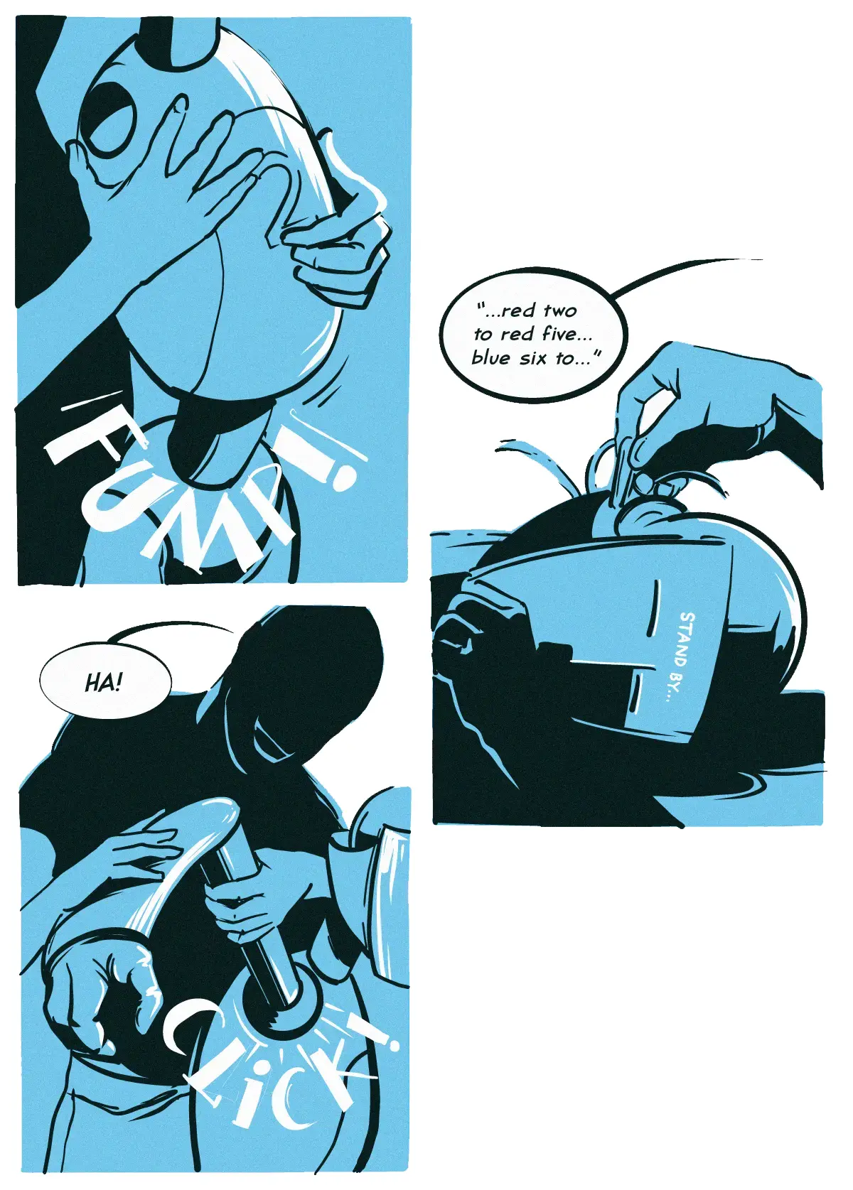 **PANEL 4:** The man connects the torso to the base of the robot, and… **PANEL 5:** …connects wires inside the robot’s head, and… / MAN: “…red two to red five, blue six to…” / **PANEL 5:** …snaps the robot’s right arm into its torso. / MAN: HA!