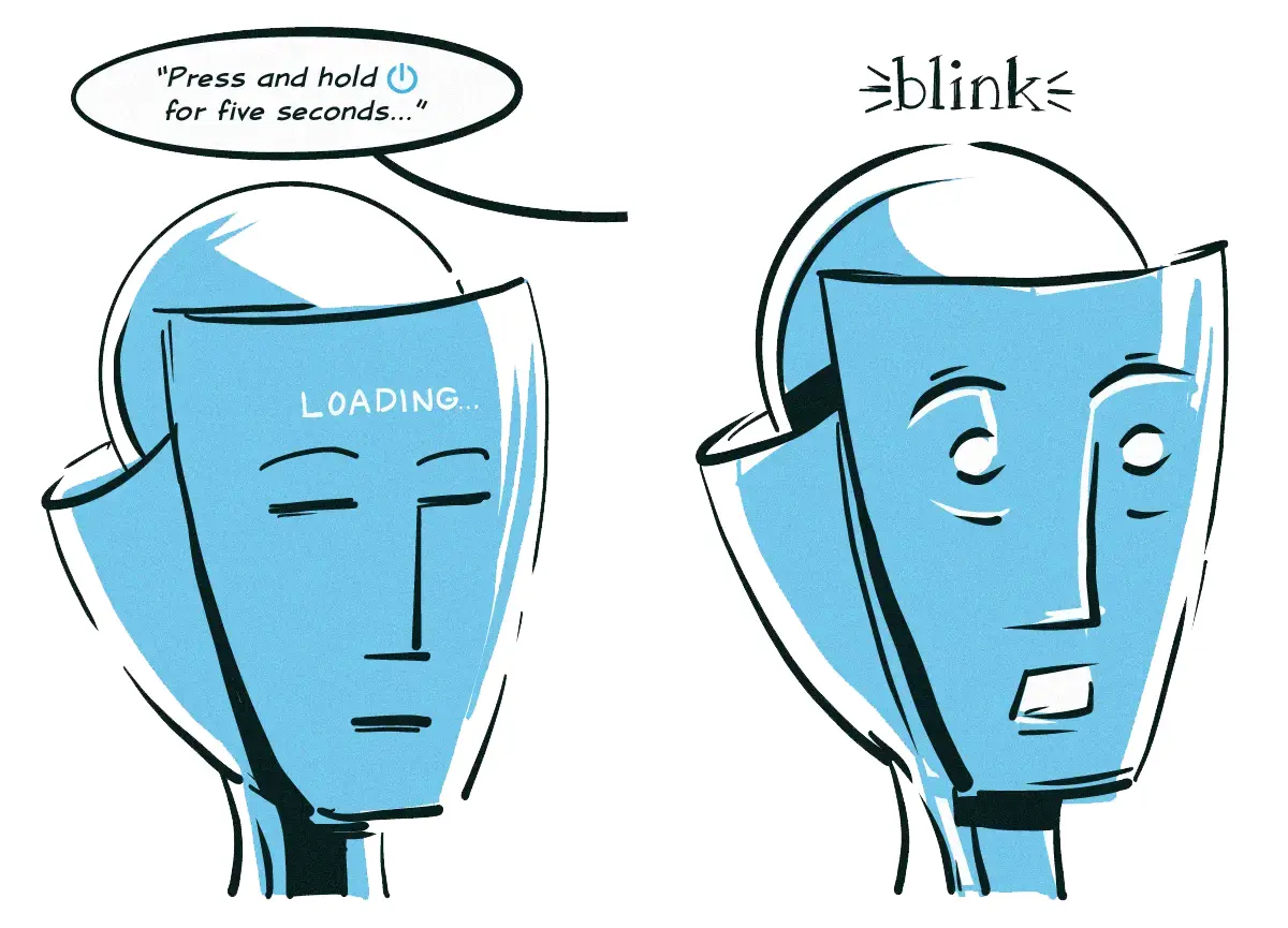 **PANEL 6:** A close up of the robot’s face screen, which reads “LOADING…” / MAN: “Press and hold power button for five seconds…” / **PANEL 7:** The robot’s facial features spring to life with a “blink”