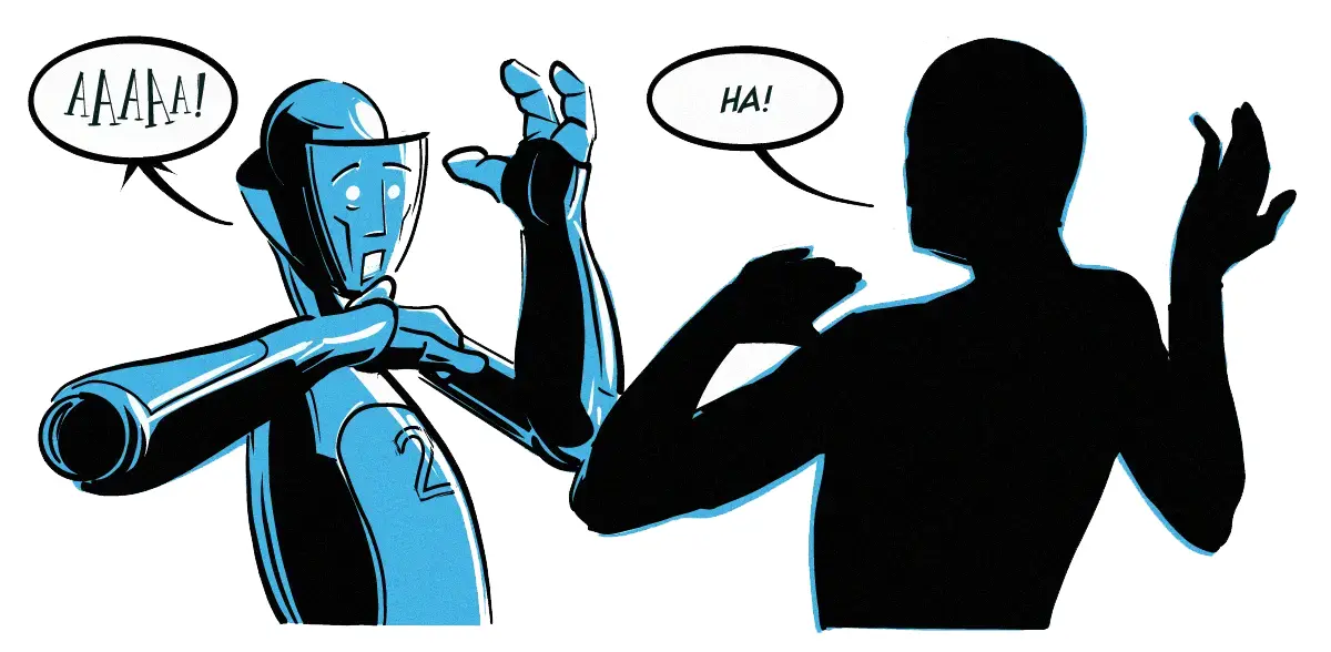 **PANEL 9:** The robot and the man reflexively mimic each other’s gestures. / ROBOT: AAAAA! / MAN: HA!
