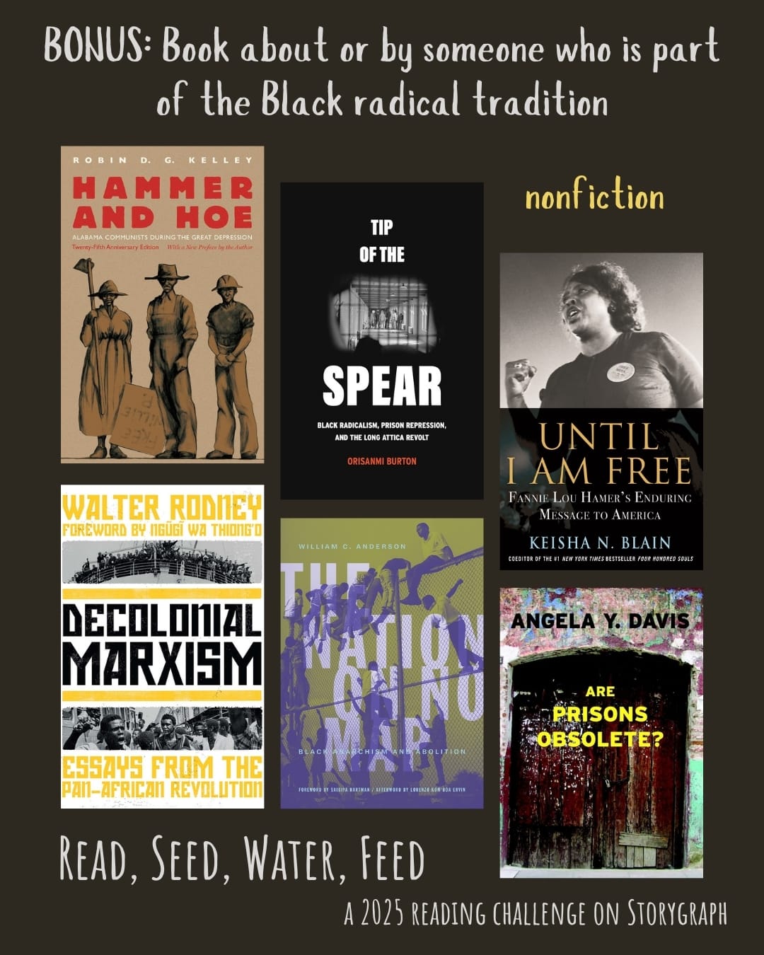 BONUS: Book about or by someone who is part of the Black radical tradition. Read, Seed, Water, Feed: A 2025 Reading Challenge on Storygraph. Text is white and yellow on a rich dark brown background. Book covers are shown. Hammer and Hoe: Alabama Communists During the Great Depression (2020) by Robin D.G. Kelley. Tip of the Spear: Black Radicalism, Prison Repression, and the Long Attica Revolt (2023) by Orisanmi Burton. Until I Am Free: Fannie Lou Hamer's Enduring Message to America (2021) by Keisha N. Blain. Decolonial Marxism (2022) by Walter Rodney. The Nation on No Map (2021) by William C. Anderson. Are Prisons Obsolete? (2003) by Angela Y. Davis.