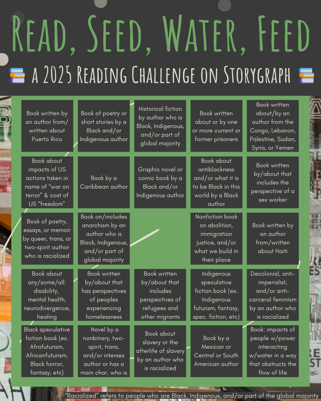 This image has a full alt text description of the screen display bingo card for the Read, Seed, Water, Feed reading challenge. The others only show differences in the colors used. Bingo card with book prompts, in green and light and dark gray colors. Header text and background color: green. Header background and bingo boxes: dark gray. Subheader text and bingo text: light gray. The photo in the background is described in the caption. Title reads: Read, Seed, Water, Feed: A 2025 Reading Challenge on Storygraph. Book emojis at the top. Challenge prompts are arranged in a grid/bingo with 5 across and 5 down. First row, left to right: Book written by an author from/written about Puerto Rico Book of poetry or short stories by a Black and/or Indigenous author Historical fiction by author who is Black, Indigenous, and/or part of global majority Book written about or by one or more current or former prisoners Book written about/by an author from the Congo, Lebanon, Palestine, Sudan, Syria, or Yemen Second row, left to right: Book about impacts of US actions taken in name of “war on terror” & cost of US “freedom” Book by a Caribbean author Graphic novel or comic book by a Black and/or Indigenous author Book about antiblackness and/or what it is to be Black in this world by a Black author Book written by/about that includes the perspective of a sex worker Third row, left to right, this row has a gap in the middle for the free space: Book of poetry, essays, or memoir by queer, trans, or two-spirit author who is racialized Book on/includes anarchism by an author who is Black, Indigenous, and/or part of global majority Nonfiction book on abolition, immigration justice, and/or what we build in their place Book written by an author from/written about Haiti Fourth row, left to right: Book about any/some/all: disability, mental health, neurodivergence, healing Book written by/about that has perspectives of peoples experiencing homelessness Book written by/about that includes perspectives of refugees and other migrants Indigenous speculative fiction book (ex. Indigenous futurism, fantasy, spec. fiction, etc) Decolonial, anti-imperialist, and/or anti-carceral feminism by an author who is racialized Fifth and final row, left to right: Black speculative fiction book (ex. Afrofuturism, Africanfuturism, Black horror, fantasy, etc) Novel by a nonbinary, two-spirit, trans, and/or intersex author or has a main char. who is Book about slavery or the afterlife of slavery by an author who is racialized Book by a Mexican or Central or South American author Book: impacts of people w/power interacting w/water in a way that obstructs the flow of life Small text at the bottom clarifies: “Racialized” refers to people who are Black, Indigenous, and/or part of the global majority.