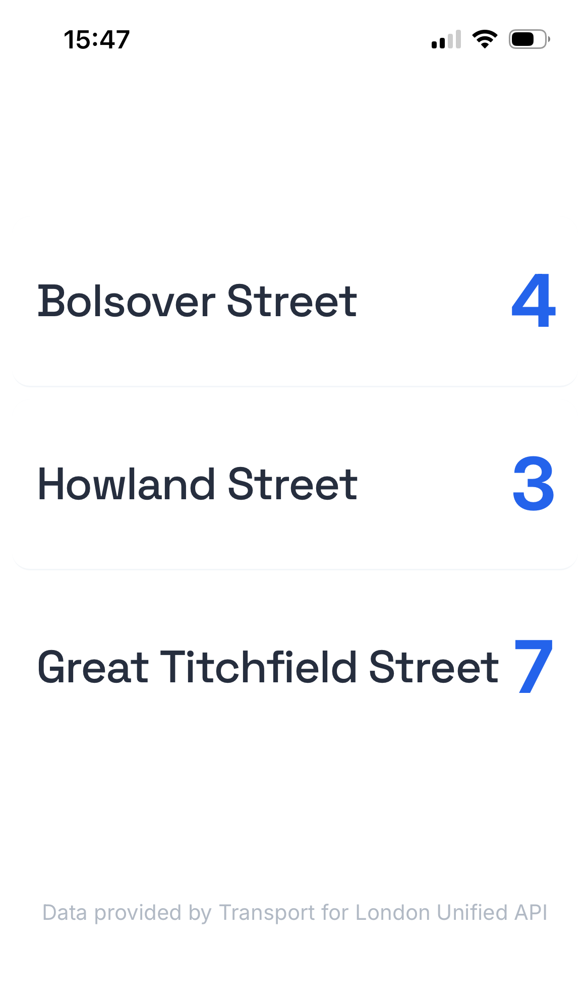  A simple list showing how many ebikes there are at three bike stations