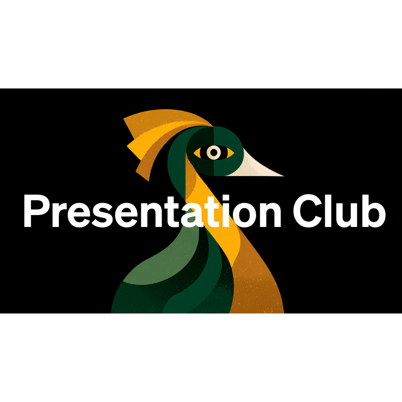The words presentation club written on top of a fictional bird, a bit like a peacock