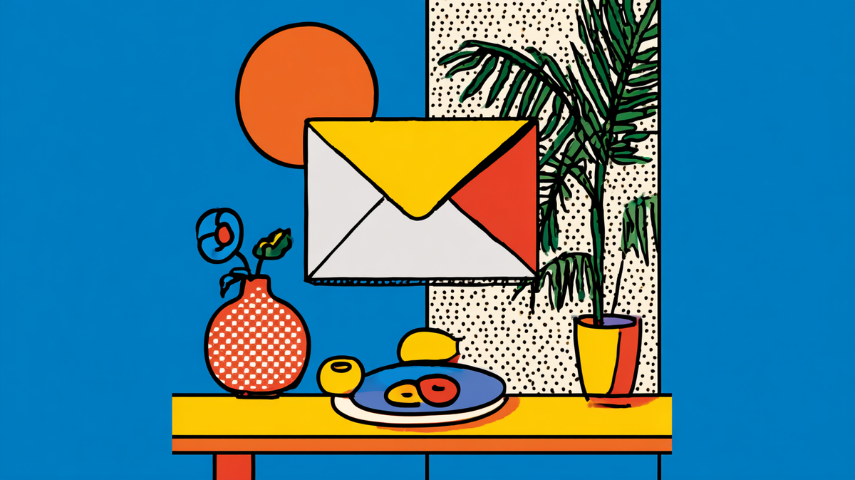 An abstract image representing 'still life with email' - lots of blue, a vase, some fruit, an email envelope