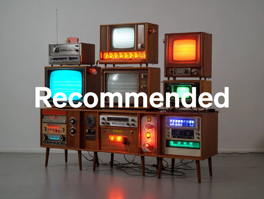 A group of fictional televisions, with bright colours and ancient cases. The word 'Recommended' superimposed on them.