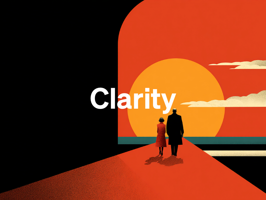 Two figures gazing into an abstract sunset