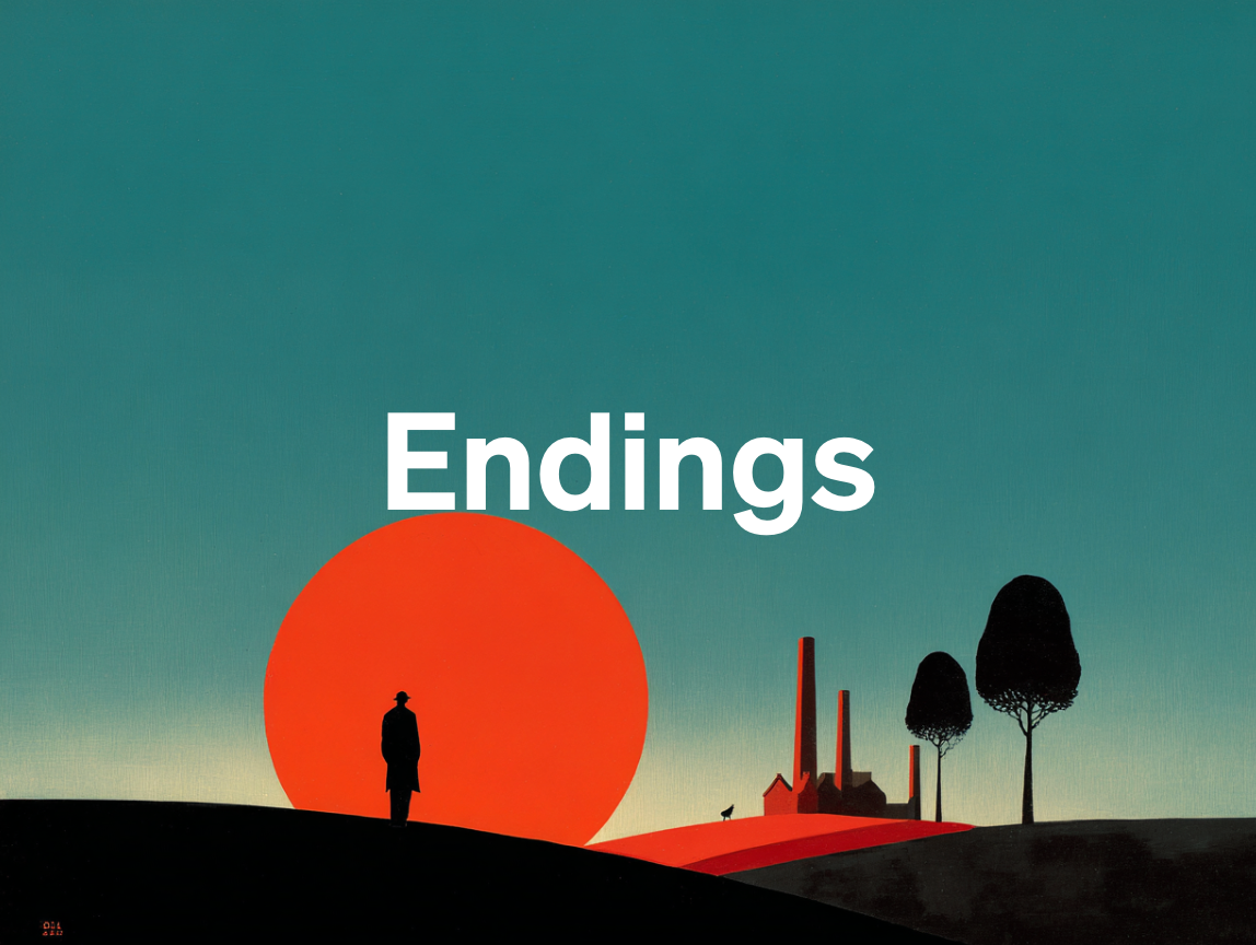 A sunset with a figure in front of the red sun, with a factory on the horizon and some trees