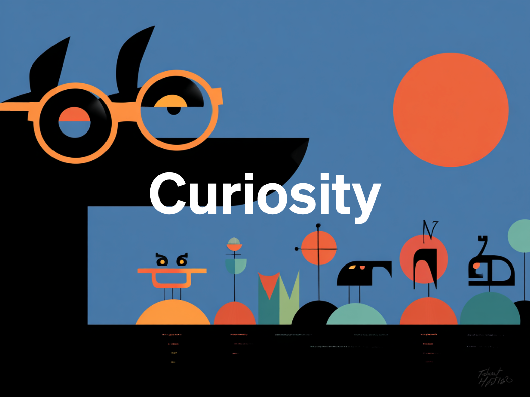 An abstract graphic of things a bit like little animals with the word Curiosity superimposed on top