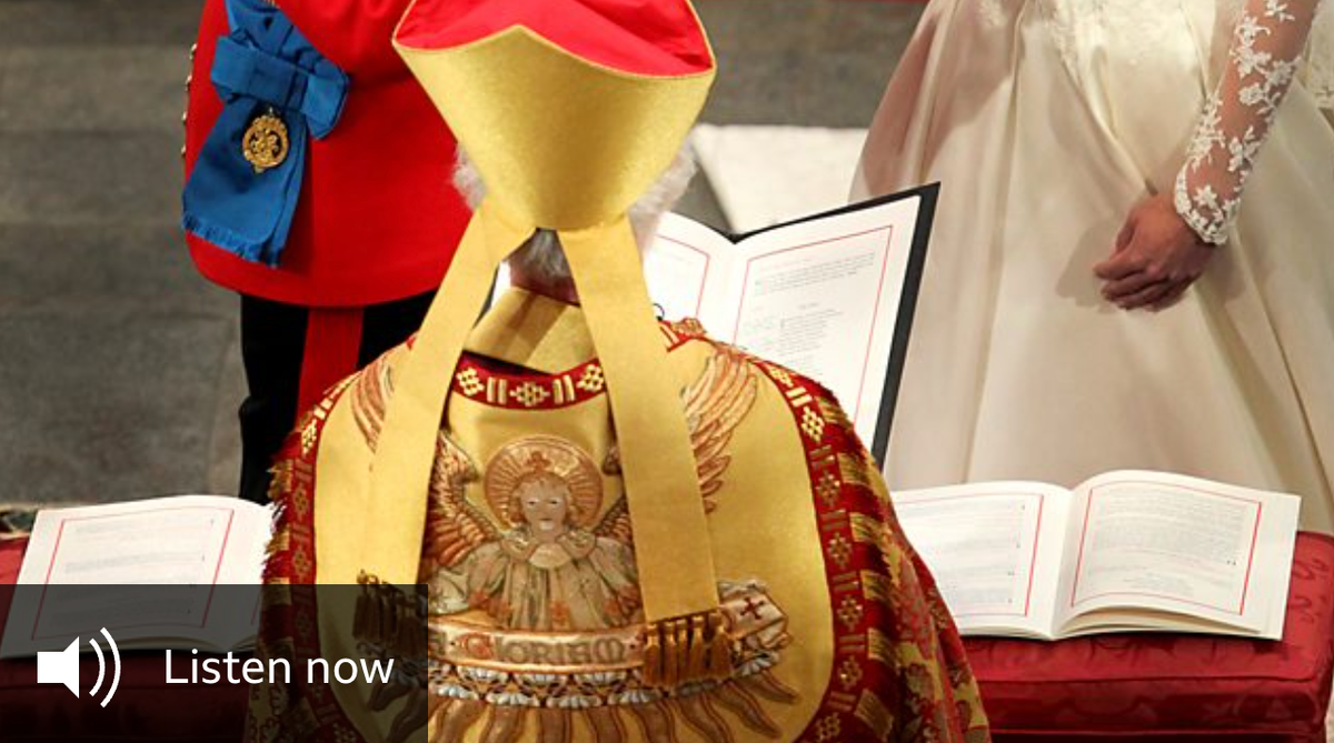 Screengrab of the BBC Sounds player - a shot of the back of an archbishop of canterbury during a royal wedding with the words 'listen now' superimposed