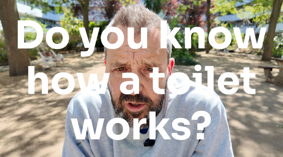 A picture of a bearded man (the author) with the words Do you know how a toilet works superimposed