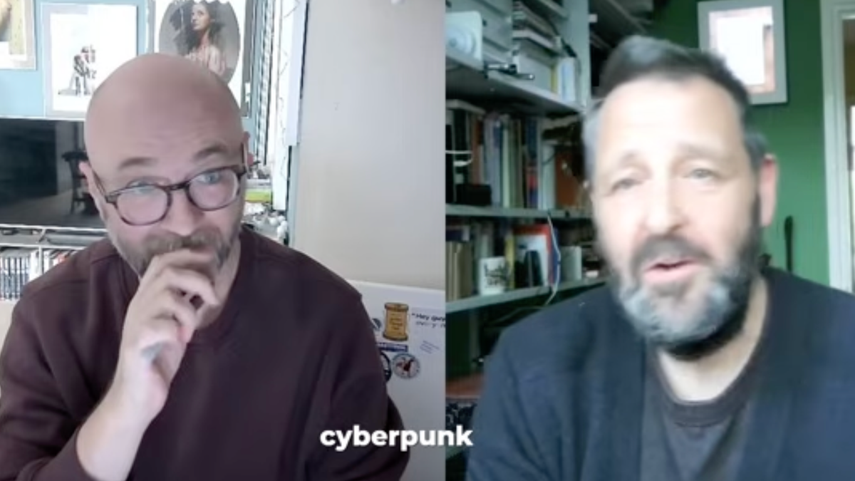 Matt Jukes (with beard) on the left, Russell Davies (with beard) on the right. The word 'cyberpunk' between them