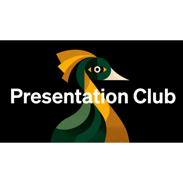 The words presentation club written on top of a fictional bird, a bit like a peacock