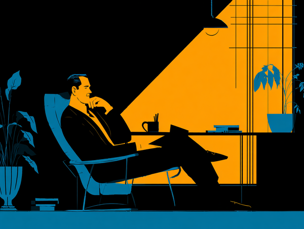 A man in a suit in a midcentury modern chair half lit in a an office environment with plants