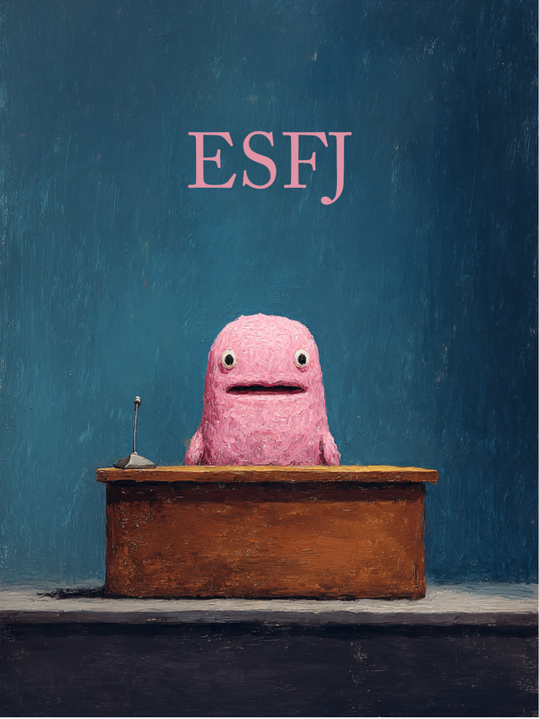 A pink blob behind a newsdesk with the letters ESFJ written above