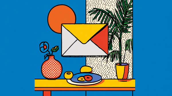 An abstract image representing 'still life with email' - lots of blue, a vase, some fruit, an email envelope