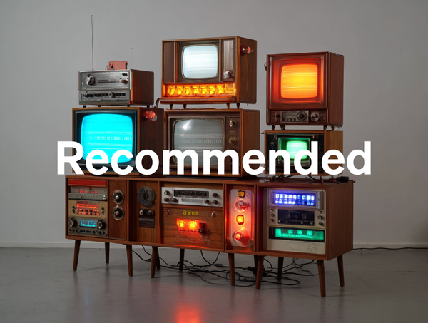 A group of fictional televisions, with bright colours and ancient cases. The word 'Recommended' superimposed on them.