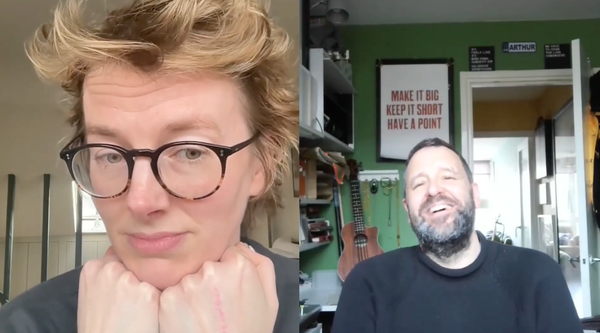 Flora on the left looking judgy, Russell on the right, laughing