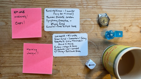 A desktop shot from above with various post-its with a playlist written on and some desk detritus like die and a watch and a mug
