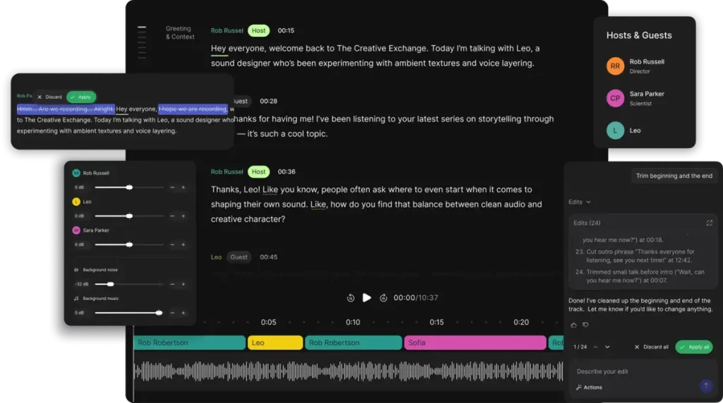 RodeCaster Studio AI editing interface showing filler word removal, highlight creation, and word correction