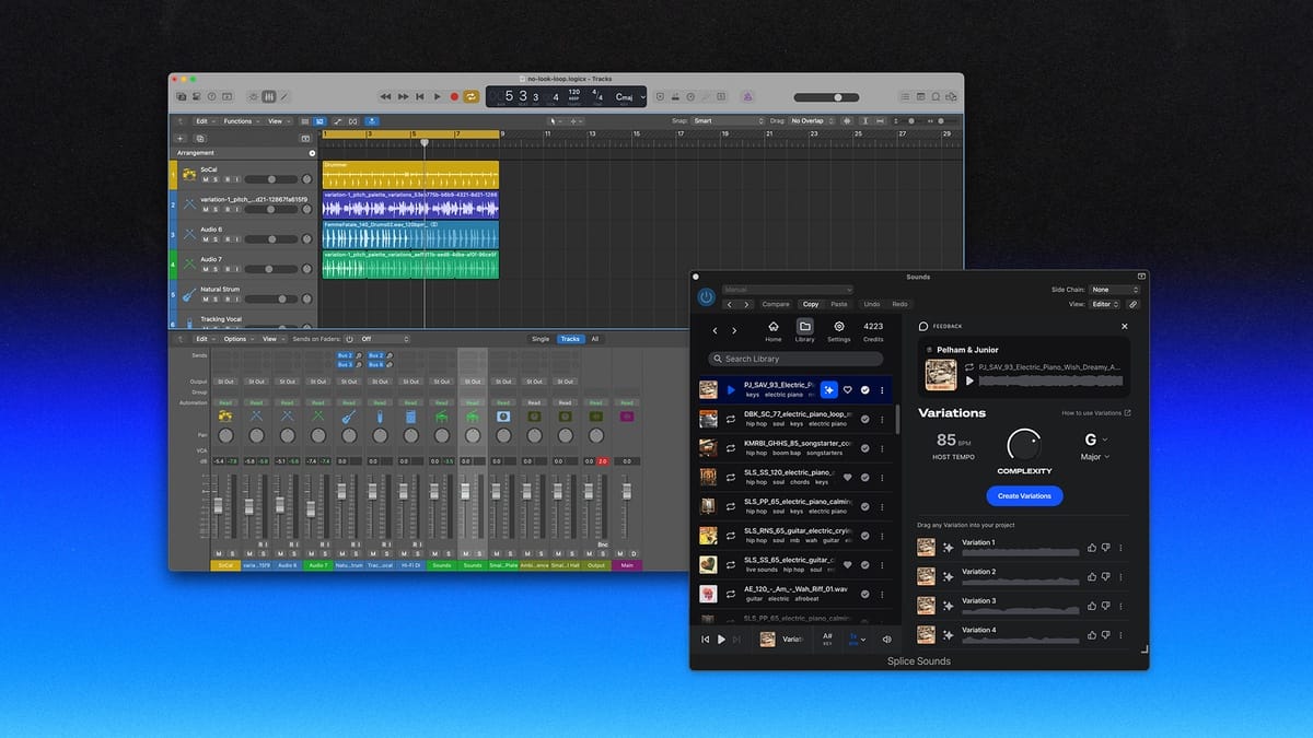 Splice Variations interface showing sample search and variation generation