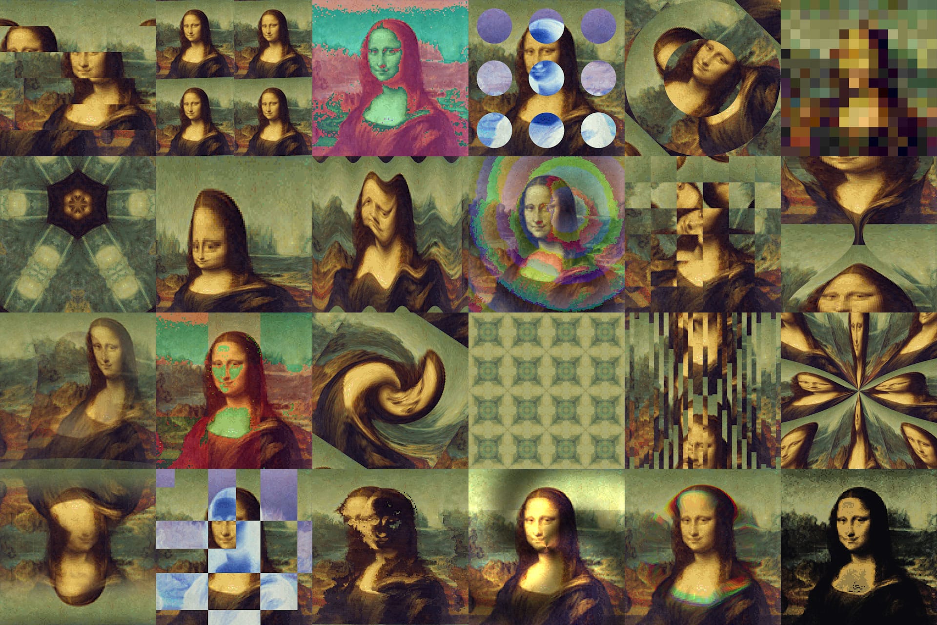 A grid of thumbnail images of the Mona Lisa painting where each image is manipulated in a different way