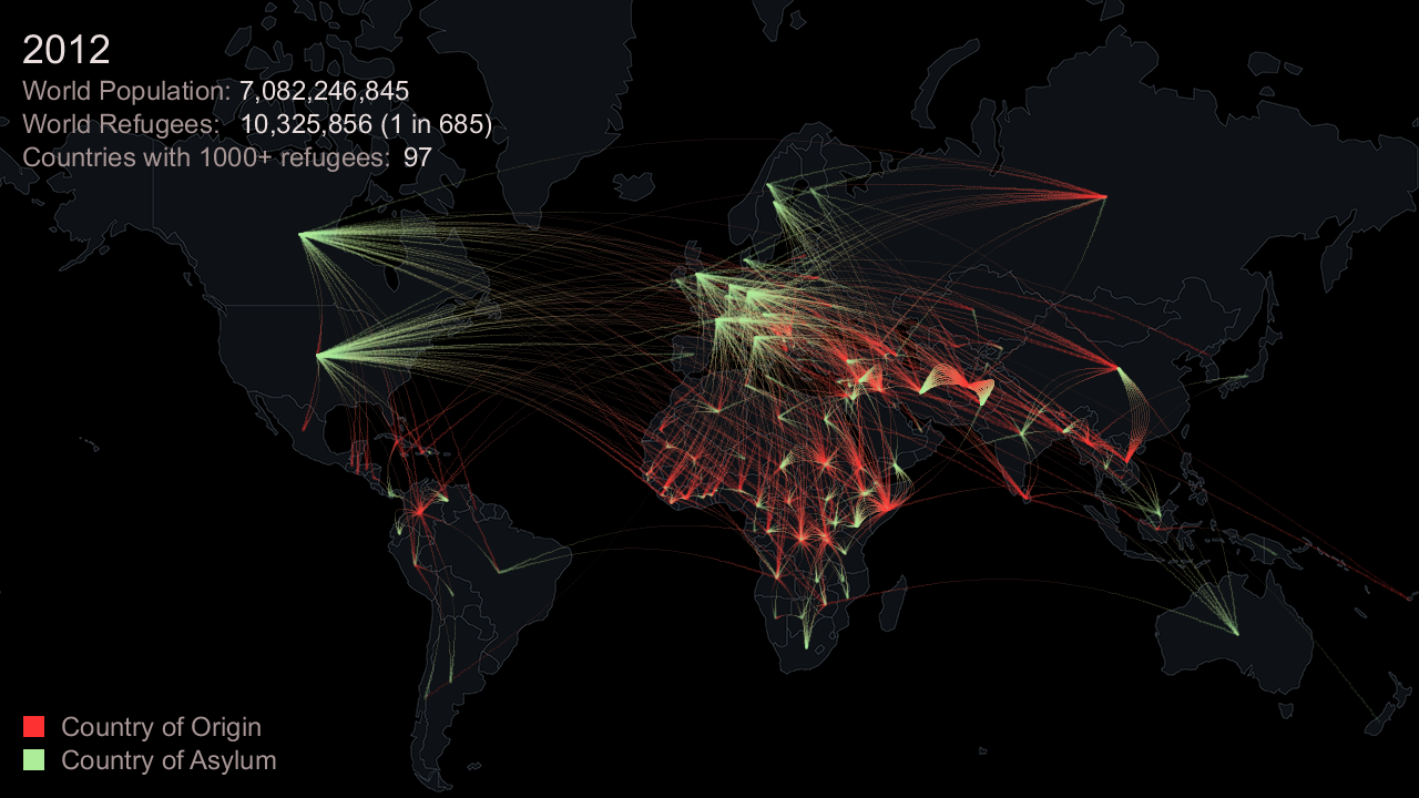 A dark map of the world with green and red lines drawn between countries to visualize refugee movement